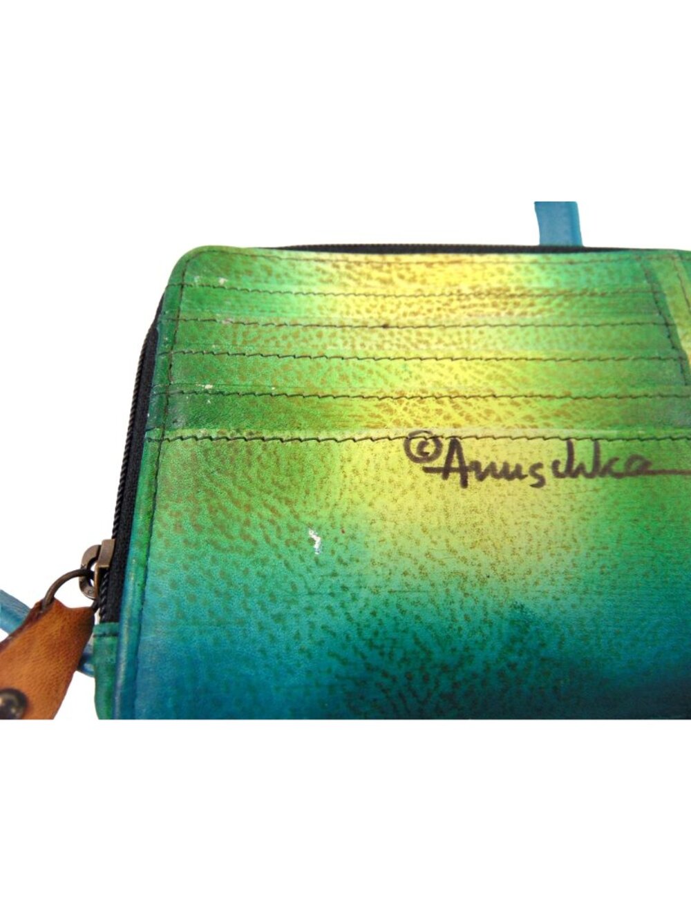 Anuschka Leather Crossbody Purse Wallet Teal Blue Feather Peacock Hand Painted - Picture 13 of 16